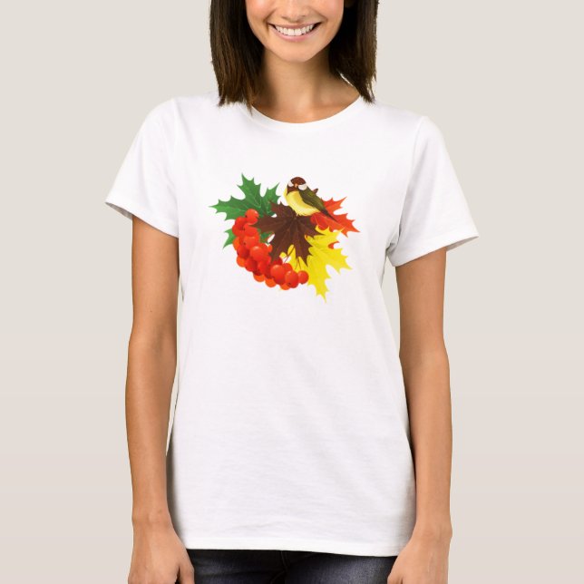 Autumn Bird, Leaves, and Berries T-Shirt (Front)
