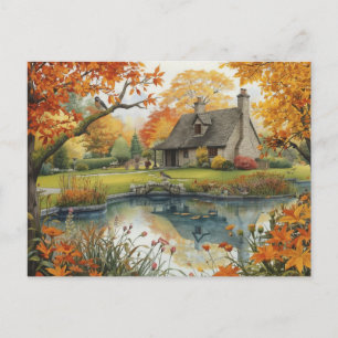 Autumn Bird Nature House Postcard Watercolor