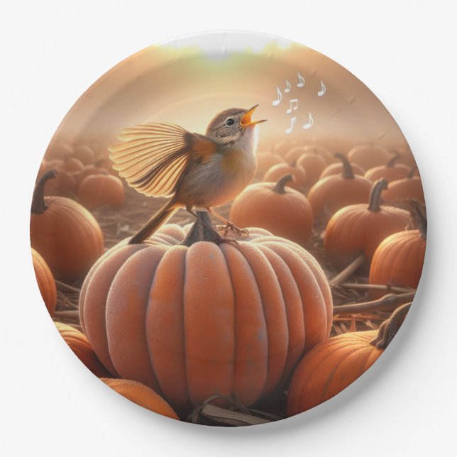 Autumn Bird Singing On a Pumpkin Paper Plate (Front)