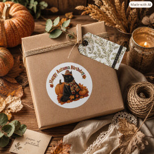 Autumn Birthday Black Cat in a Hat Classic Round Sticker