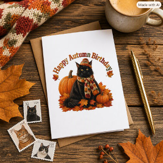 Autumn Birthday Black  Cat in Cosy Card