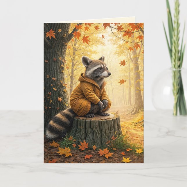 Autumn Birthday Racoon On Tree Stump Card (Front)