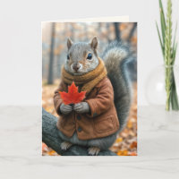 Autumn Birthday Squirrel Holding a Red Maple Leaf
