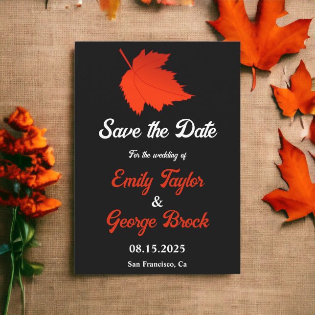 Autumn Black And White Red Leaves Fall Wedding Save The Date (Creator Uploaded)
