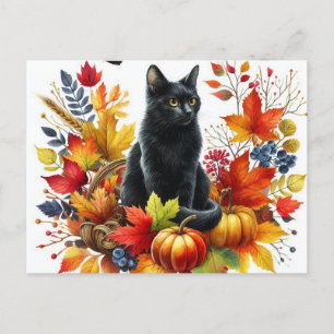 Autumn Black Cat and Seasonal Leaves Postcard