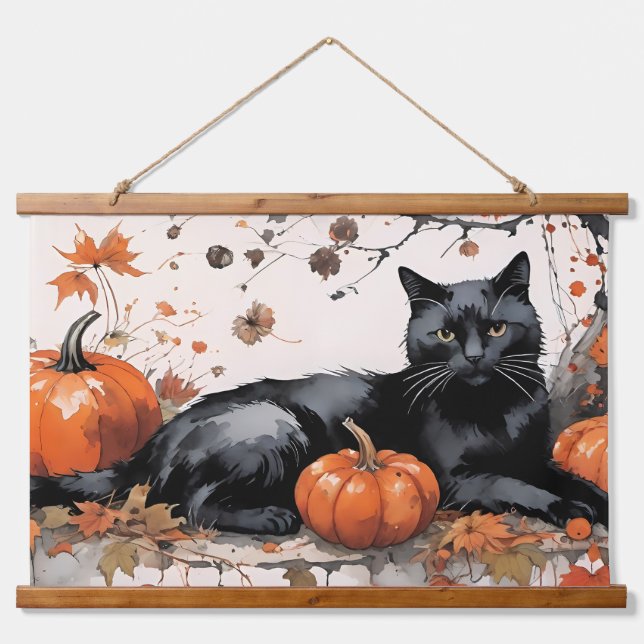 Autumn Black Cat with Pumpkins Hanging Tapestry (Front)