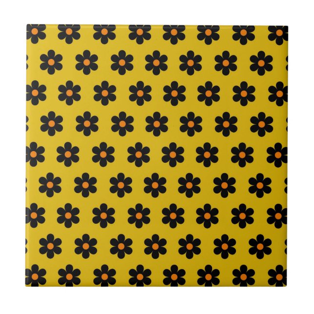 Autumn Black Orange Flower Pattern  Tile (Front)