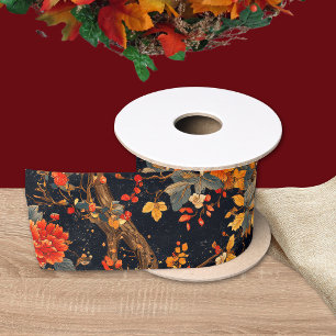 Autumn Black Orange Leaf Chinoiserie Satin Ribbon