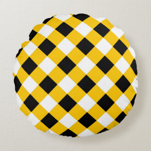 Autumn Black Yellow Chequered Geometric Pattern Round Cushion