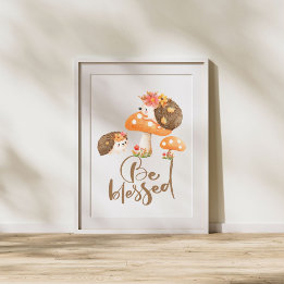 Autumn Blessings: Baby Hedgehogs & Mushrooms Art Poster