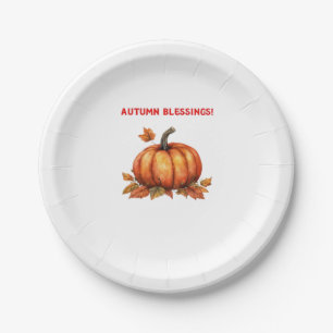 Autumn Blessings Pumpkin with Fall Leaves Classic  Paper Plate