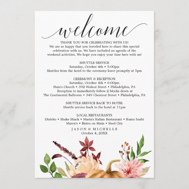 Autumn Bliss Wedding Itinerary - Wedding Welcome Programme (Front)