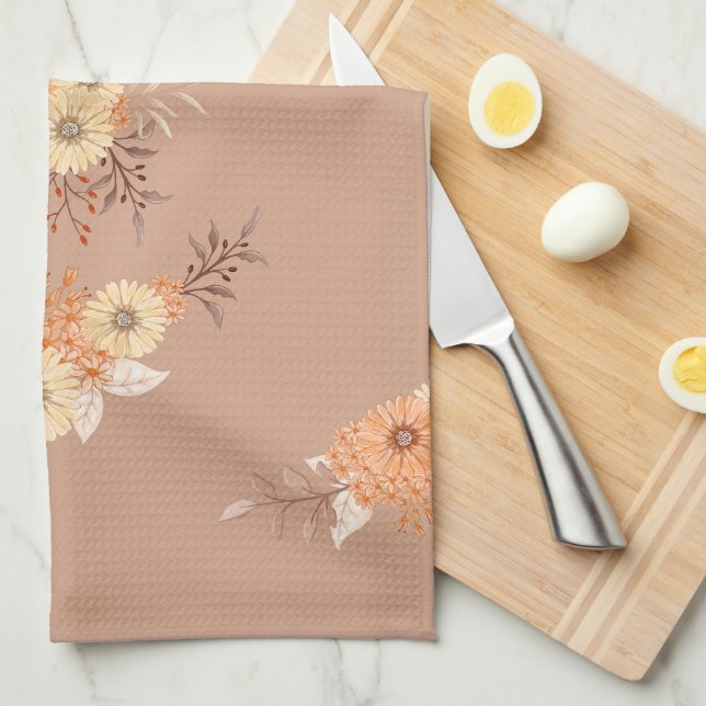Autumn Bloom – Warm Beige & Orange Florals Tea Towel (Quarter Fold)