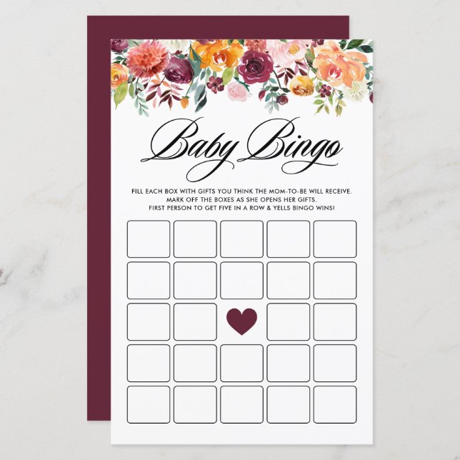 Autumn Blooms Baby Shower Bingo Game Card (Front/Back)