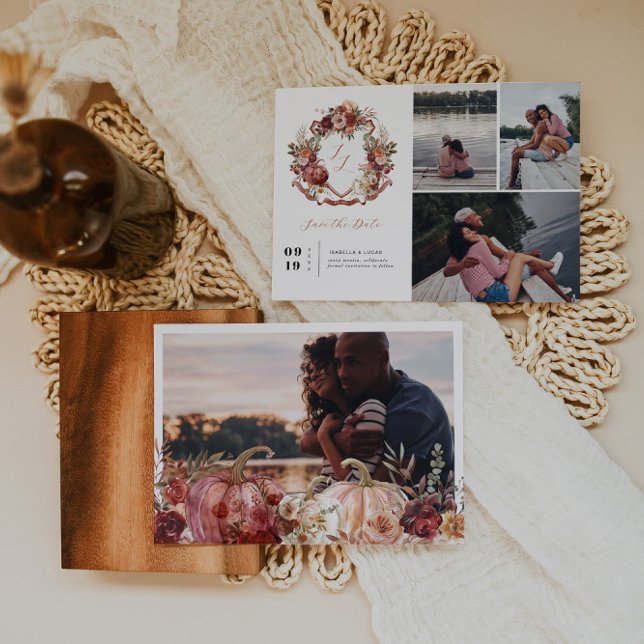 Autumn Blooms | Floral Crest Wedding 4 Photo  Save The Date (Creator Uploaded)