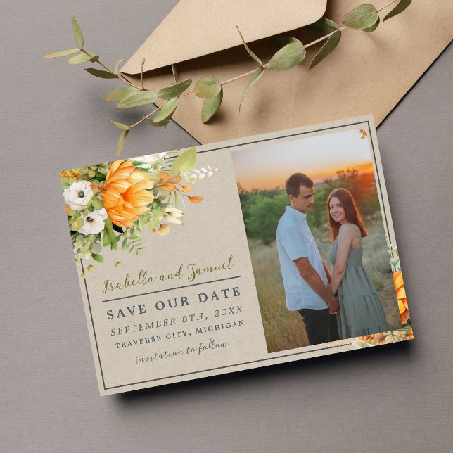 Autumn Blooms Floral Fall Green Orange Wedding Save The Date (Creator Uploaded)