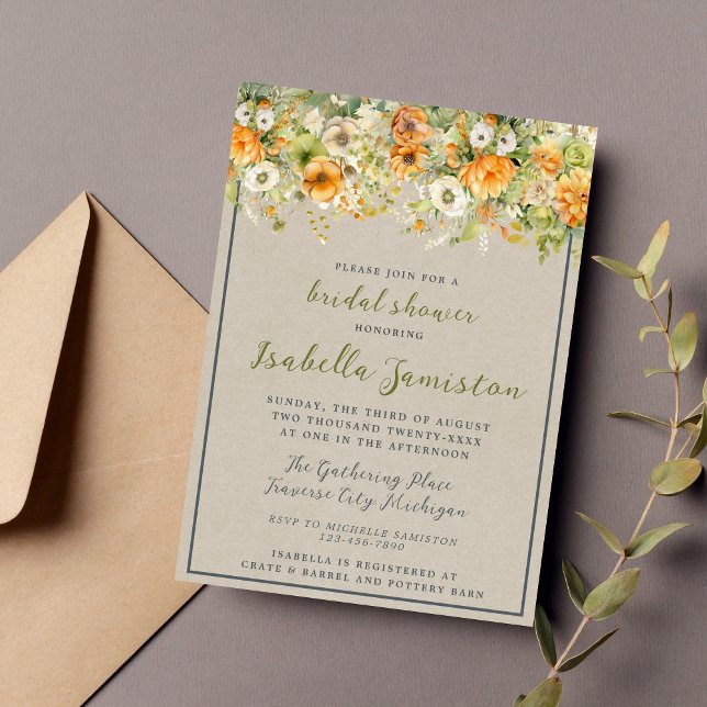 Autumn Blooms Floral Fall Orange Bridal Shower Invitation (Creator Uploaded)