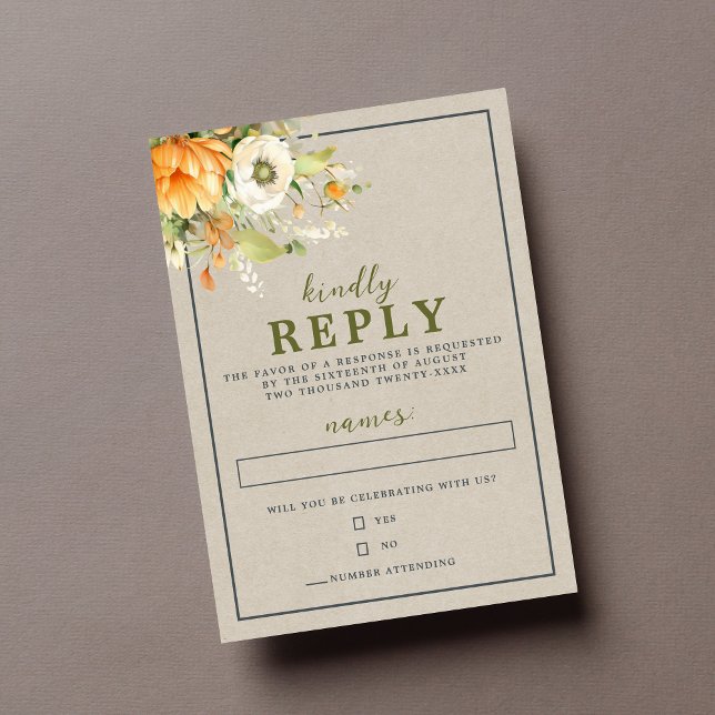 Autumn Blooms Floral Fall Orange Green Wedding RSVP Card (Creator Uploaded)