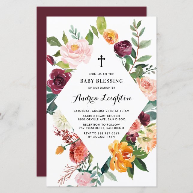 Autumn Blooms Floral Frame Baby Blessing Invite (Front/Back)
