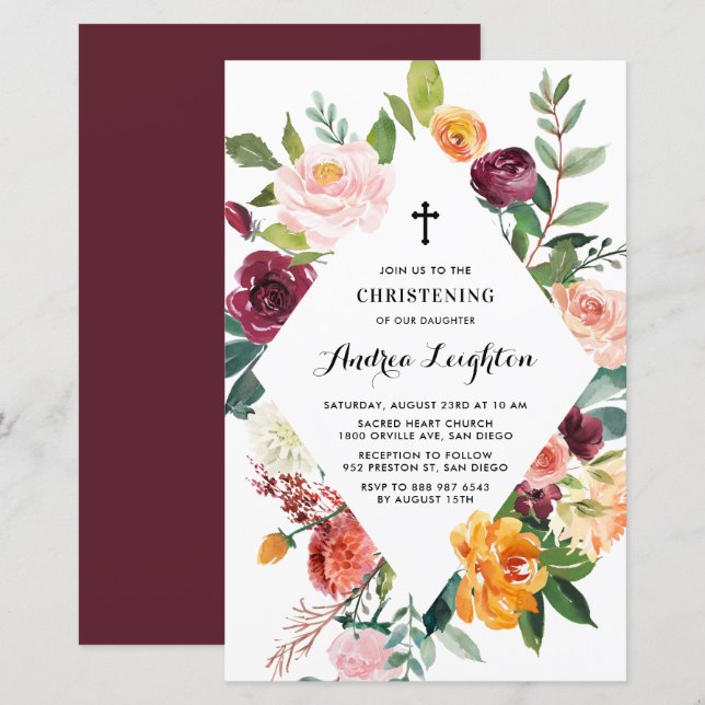 Autumn Blooms Floral Frame Christening Invitation (Front/Back)