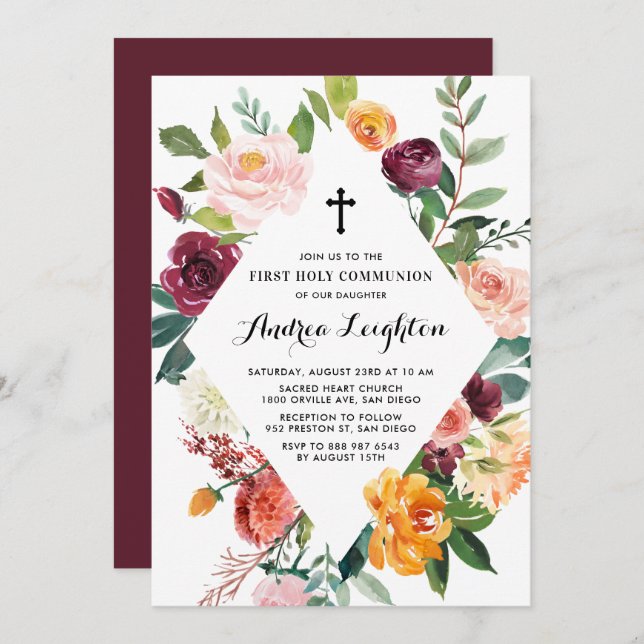 Autumn Blooms Floral Frame First Holy Communion Invitation (Front/Back)