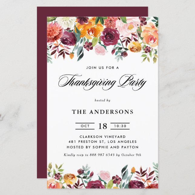 Autumn Blooms Floral Thanksgiving Party Invitation (Front/Back)