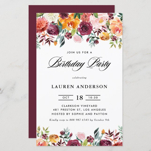 Autumn Blooms Garland Birthday Party Invitation (Front/Back)