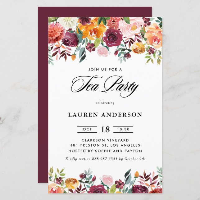 Autumn Blooms Garland Bridal Tea Party Invitation (Front/Back)