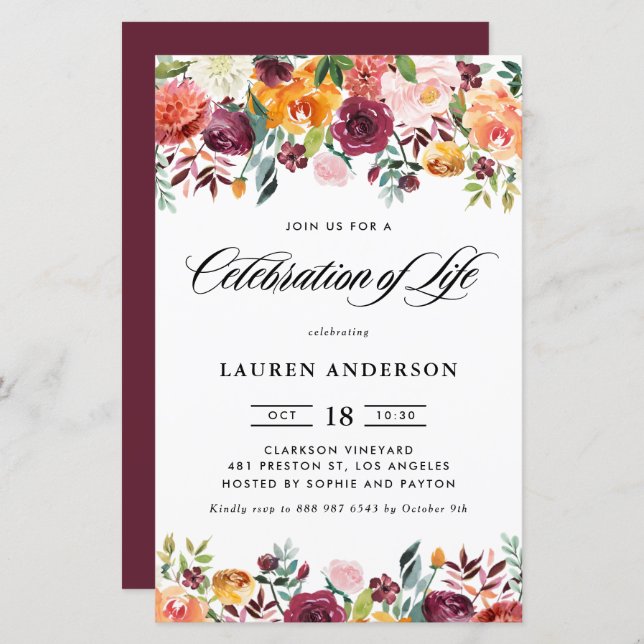 Autumn Blooms Garland Celebration of Life Invite (Front/Back)