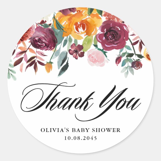 Autumn Blooms Garland Fall Baby Shower Thank You Classic Round Sticker (Front)