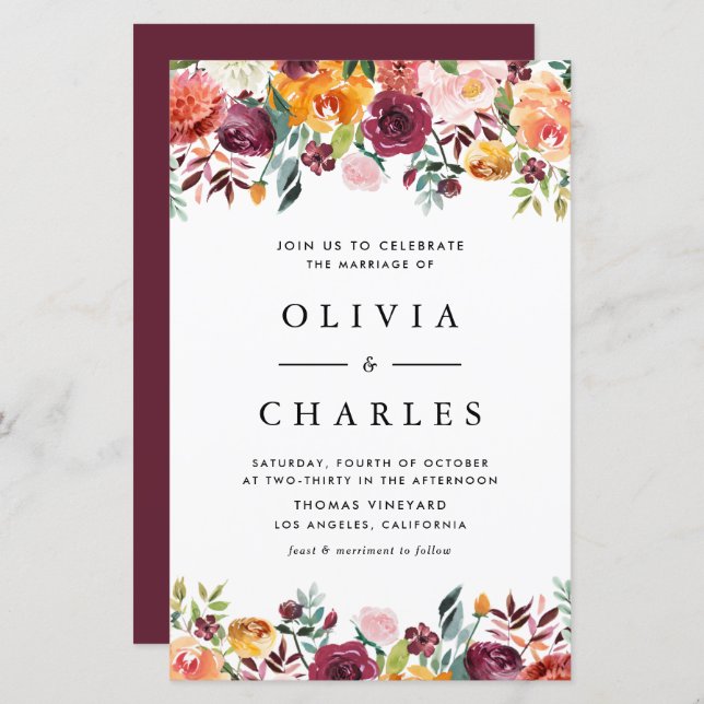 Autumn Blooms Garland Fall Wedding Invitation (Front/Back)