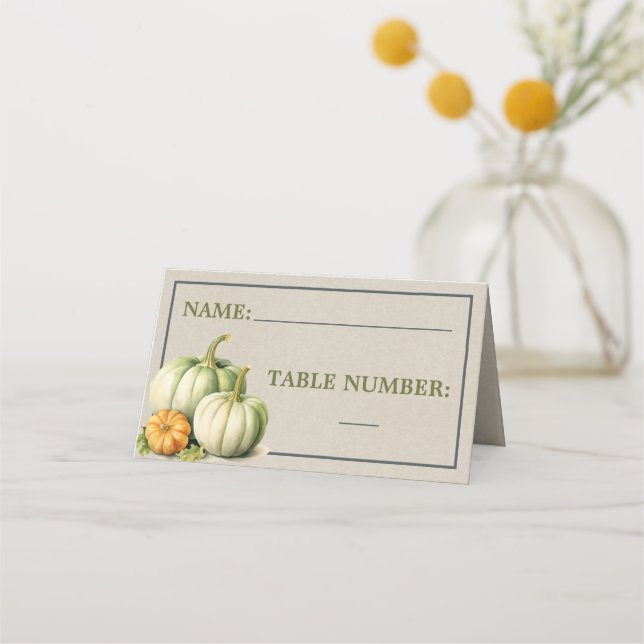 Autumn Blooms Pumpkin Fall Orange Green Wedding Place Card (Front)