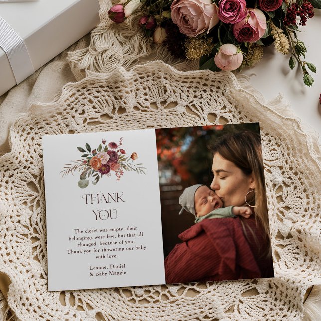 Autumn Blooms Pumpkin Photo Baby Shower Thank You Card (Creator Uploaded)