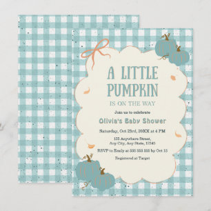 Autumn Blue Gingham A Little Pumpkin Baby Shower Invitation