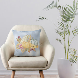 Autumn Blue Pumpkin Gourds Floral Cushion