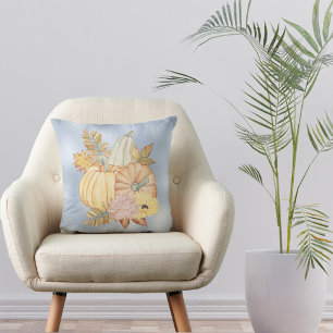 Autumn Blue Pumpkins Floral Watercolor  Cushion