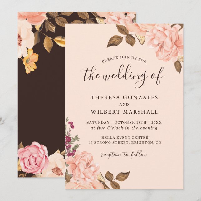 Autumn Blush Gold Floral Wedding Invitation (Front/Back)