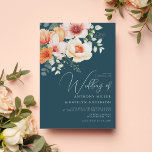 Autumn Blush Peach Coral Teal Blue Floral Wedding Invitation<br><div class="desc">An elegant wedding invitation designed with watercolor blush peach coral orange florals and greenery and a delicate combination of script and serif fonts for wedding details in a teal blue background.</div>