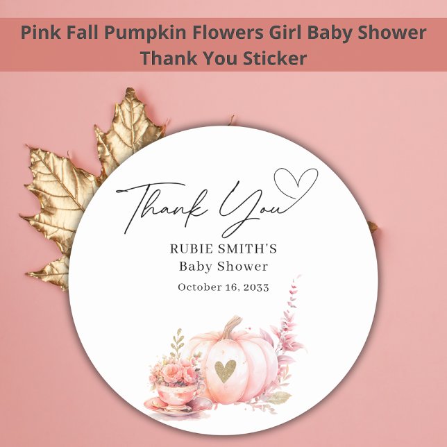 Autumn Blush Pink Pumpkin Gold Heart Thank You Classic Round Sticker (Creator Uploaded)