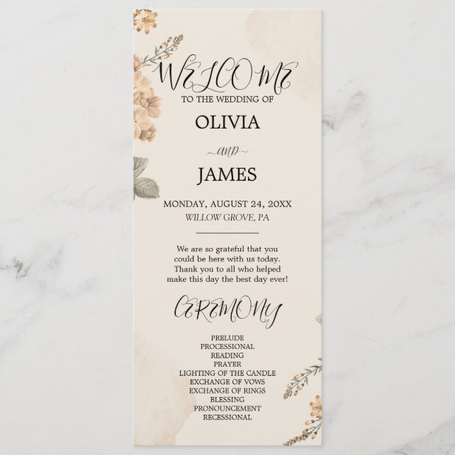 Autumn Boho Blooms | Modern Wedding Programs Menu (Front)