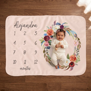 Autumn Boho Blooms Monogram Baby Milestone Photo Sherpa Blanket