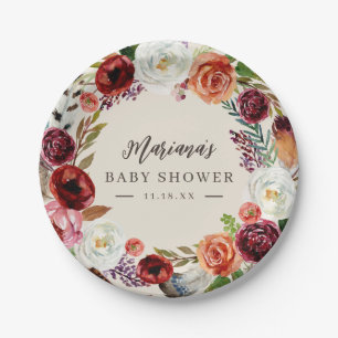Autumn Boho Blooms Personalised Baby Shower Paper Plate