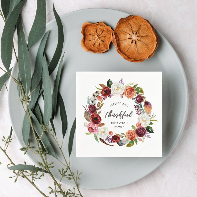 Autumn Boho Blooms Personalised Thanksgiving Napkin (Creator Uploaded)