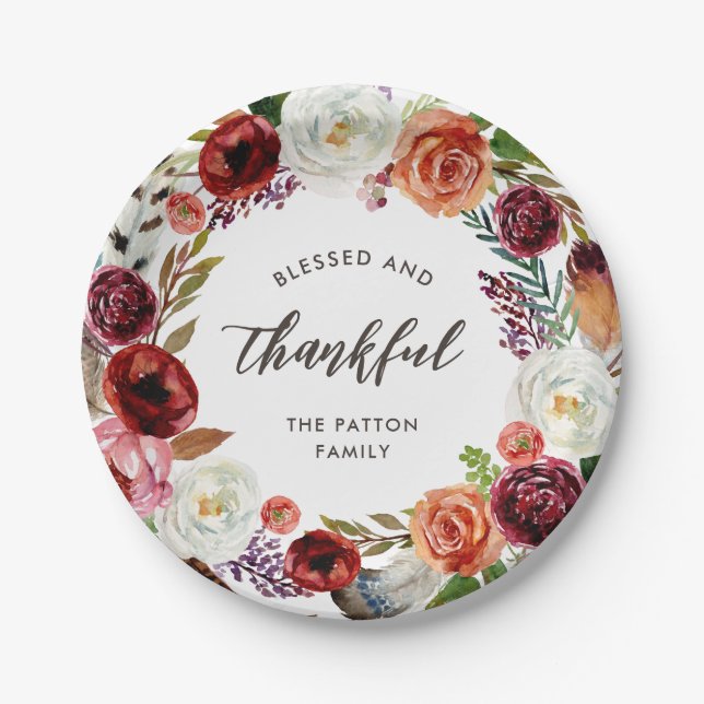 Autumn Boho Blooms Personalised Thanksgiving Paper Plate (Front)