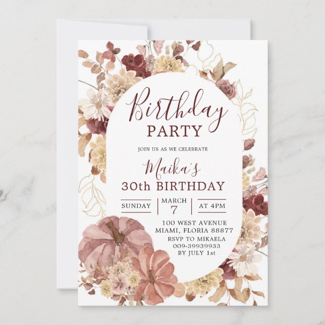 Autumn Boho Floral Pumpkin Birthday party Invite (Front)