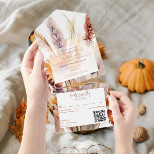 Autumn Boho Floral Wedding White All In One Invitation