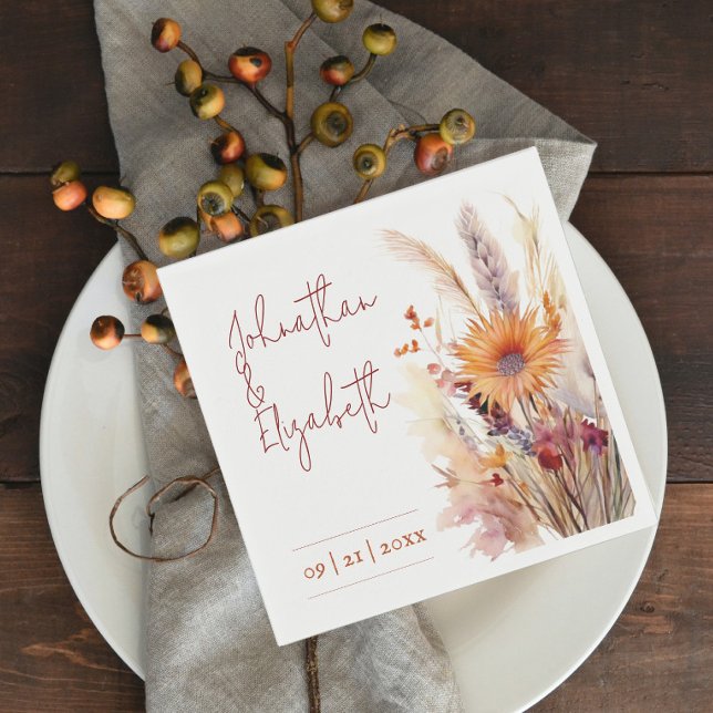 Autumn Boho Floral Wedding | White Napkin (Autumn Boho Floral White Wedding Napkins)