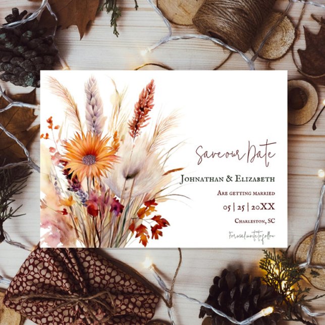 Autumn Boho Floral | White Save The Date (Autumn Boho Floral White Save the Date)