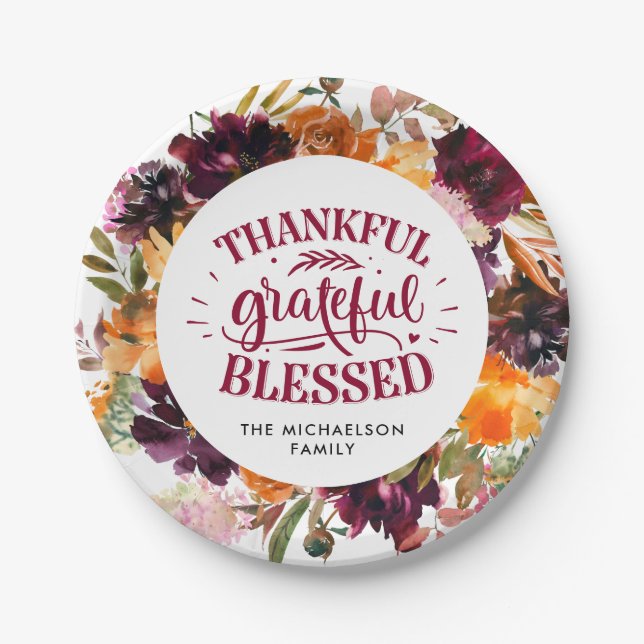 Autumn Boho Personalised Floral Thanksgiving Paper Plate (Front)