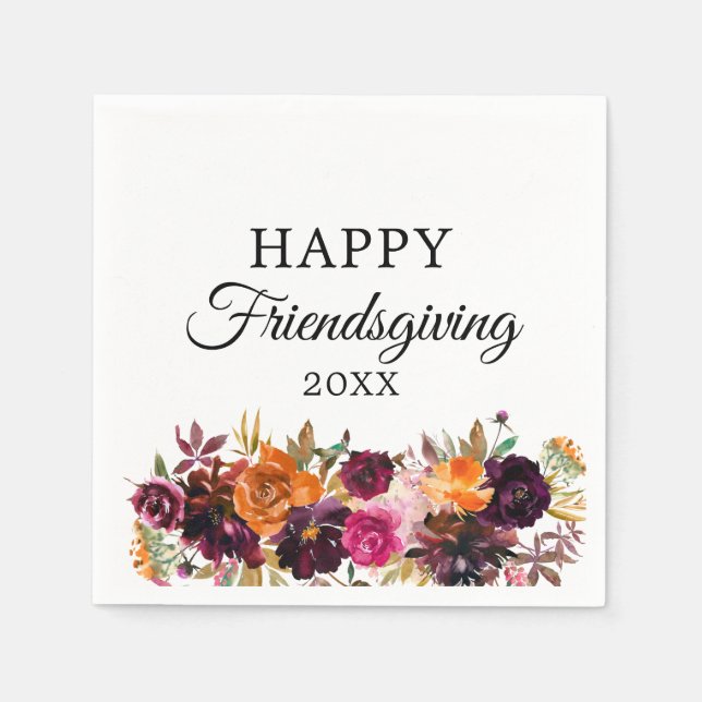 Autumn Boho Watercolor Floral Friendsgiving Napkin (Front)
